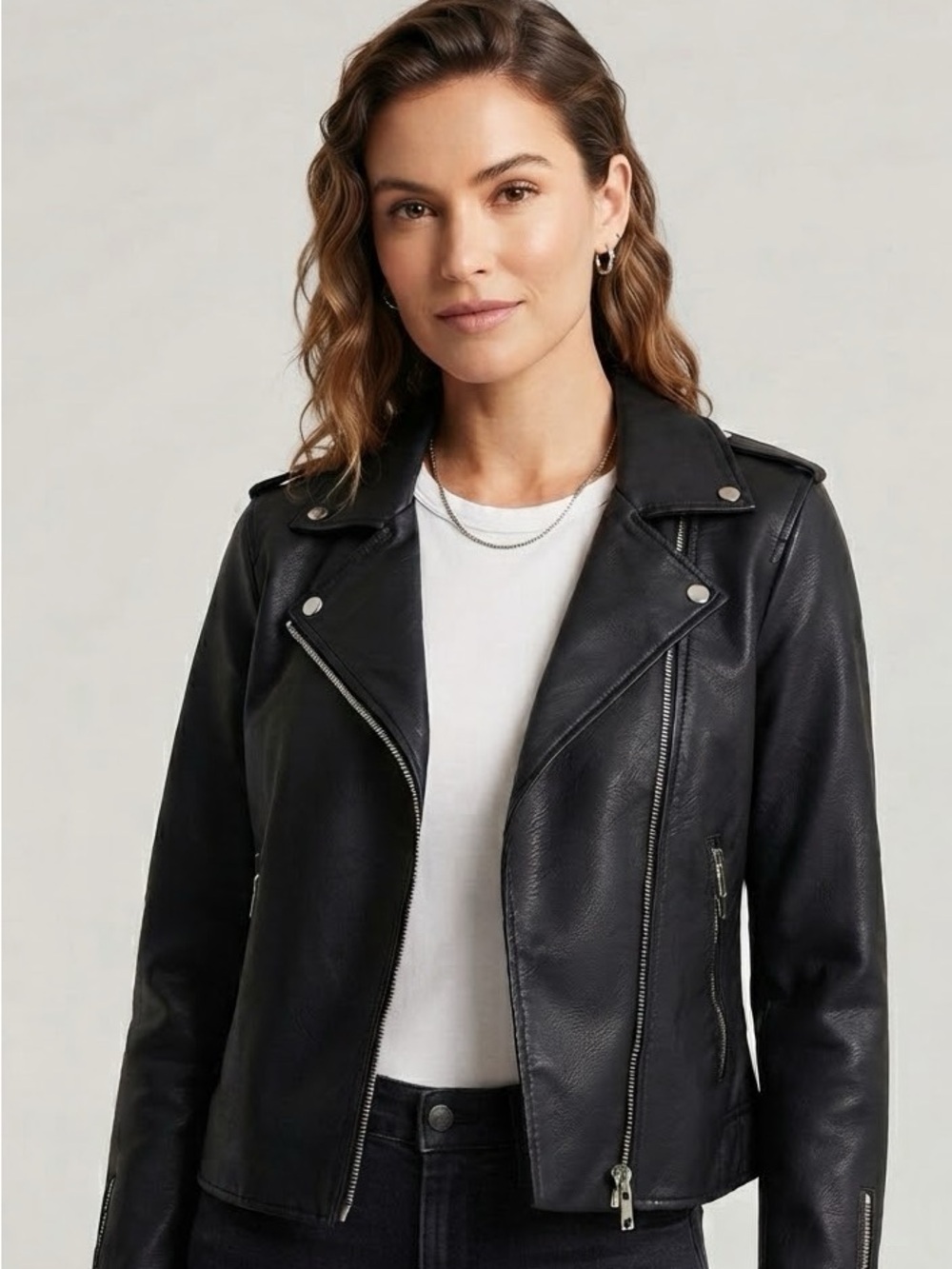 Wild Fable Black Faux Leather Moto Biker Jacket Full Zip Asymmetric Size XS